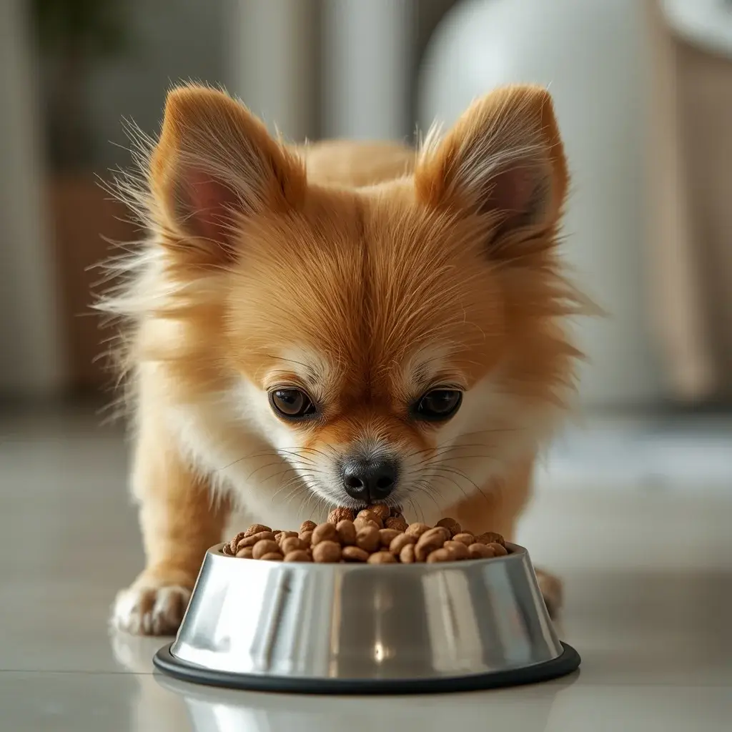 small breed dog eating high quality dry dog food from bowl at home